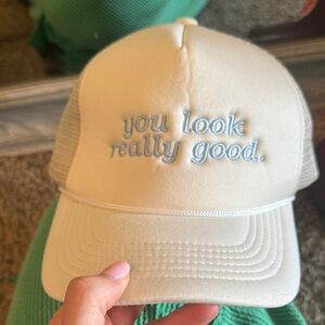 Chic Cream Cap with Blue Embroidery